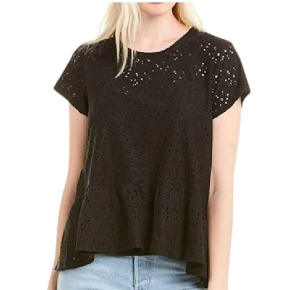 Nanette Lepore Large Black Short Sleeve Top Eyelet Floral Embroidery Peplum - Picture 1 of 14